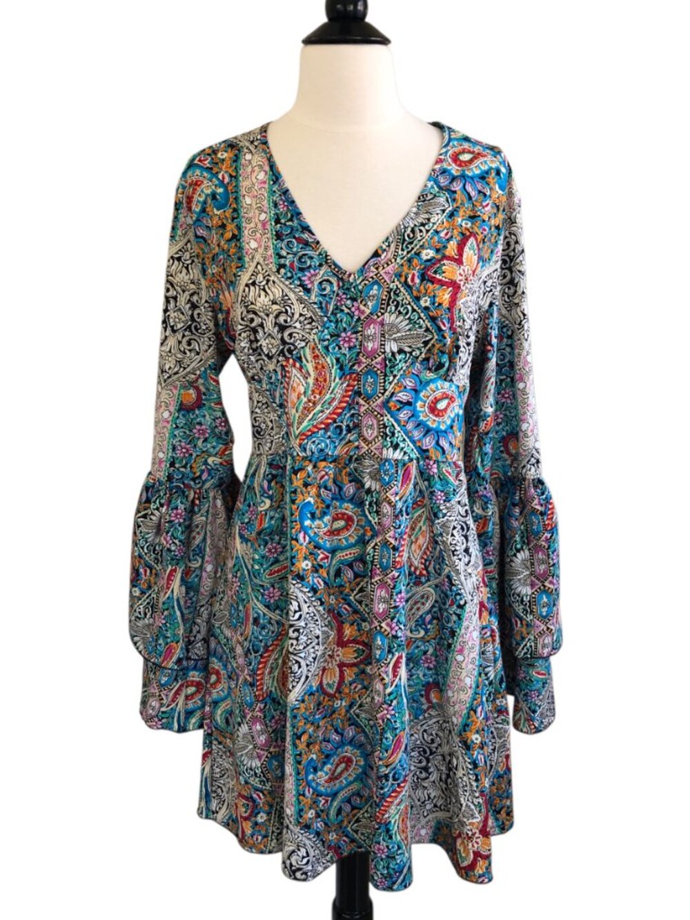 Blue Multicolor Paisley Print Dress Long Tiered Ruffle Sleeves XLarge Boho